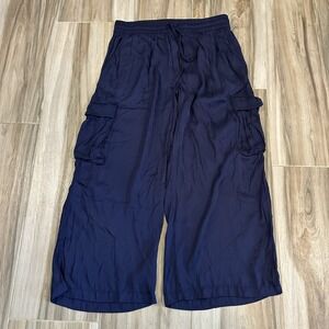 Aerie Satin Wide Leg Shine Cargo Skater Pants navy Sz M Y2K Comfort Lounge Boho